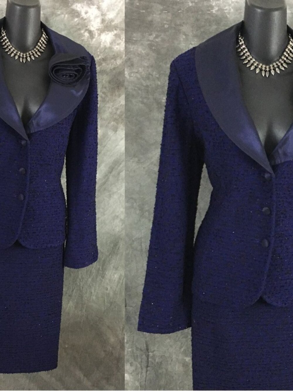BEAUTIFUL St John knit blue black shimmer jacket skirt suit size 12